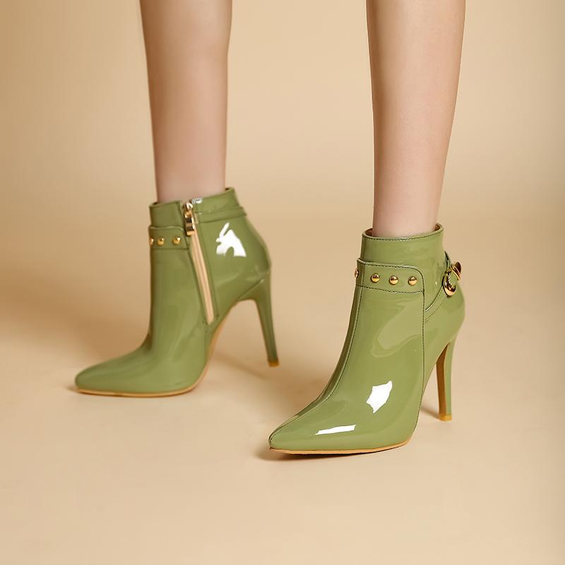 Plus Size Dark Green Metal Rivets Decorated Women's Ankle Boots Patent Leather Belt Buckle Super Stiletto Pointed Toe Shoes