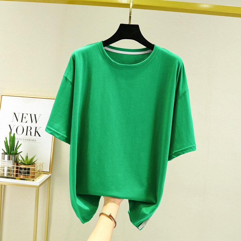

2022 Европейский стиль женская футболка больших размеров повседневная однотонная с коротким рукавом летняя футболка Plus Size зелёный