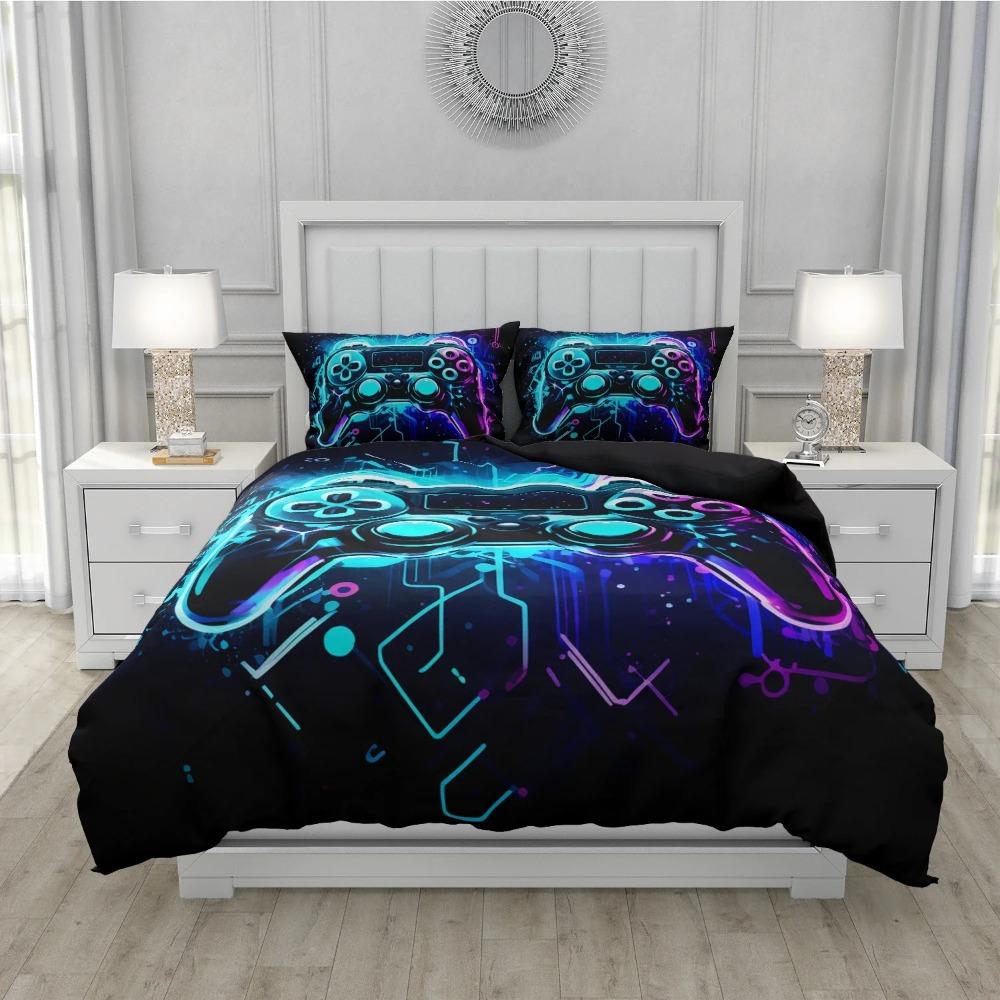 Game King Queen Duvet Cover 3D Black Game Handle Bedding Set for Kids Teens Boys Man Gamer Bedroom Decor Quilt Cover Pillowcase