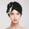 Women Headscarf Hat Imitation Pearls Flower Decor Turban Hat Solid Color Stretchable Fit Headband Sleep Hat