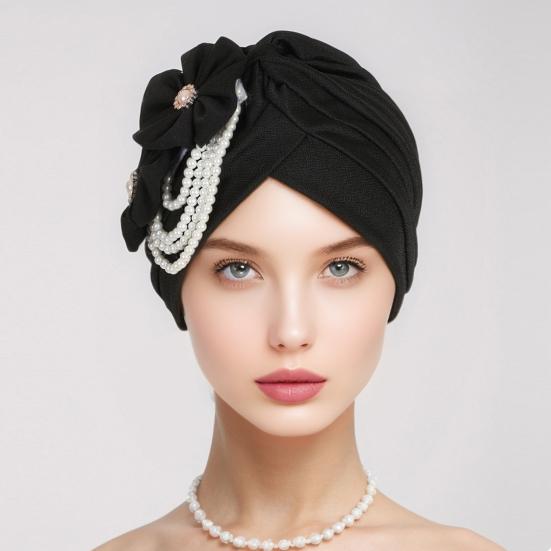 Women Headscarf Hat Imitation Pearls Flower Decor Turban Hat Solid Color Stretchable Fit Headband Sleep Hat