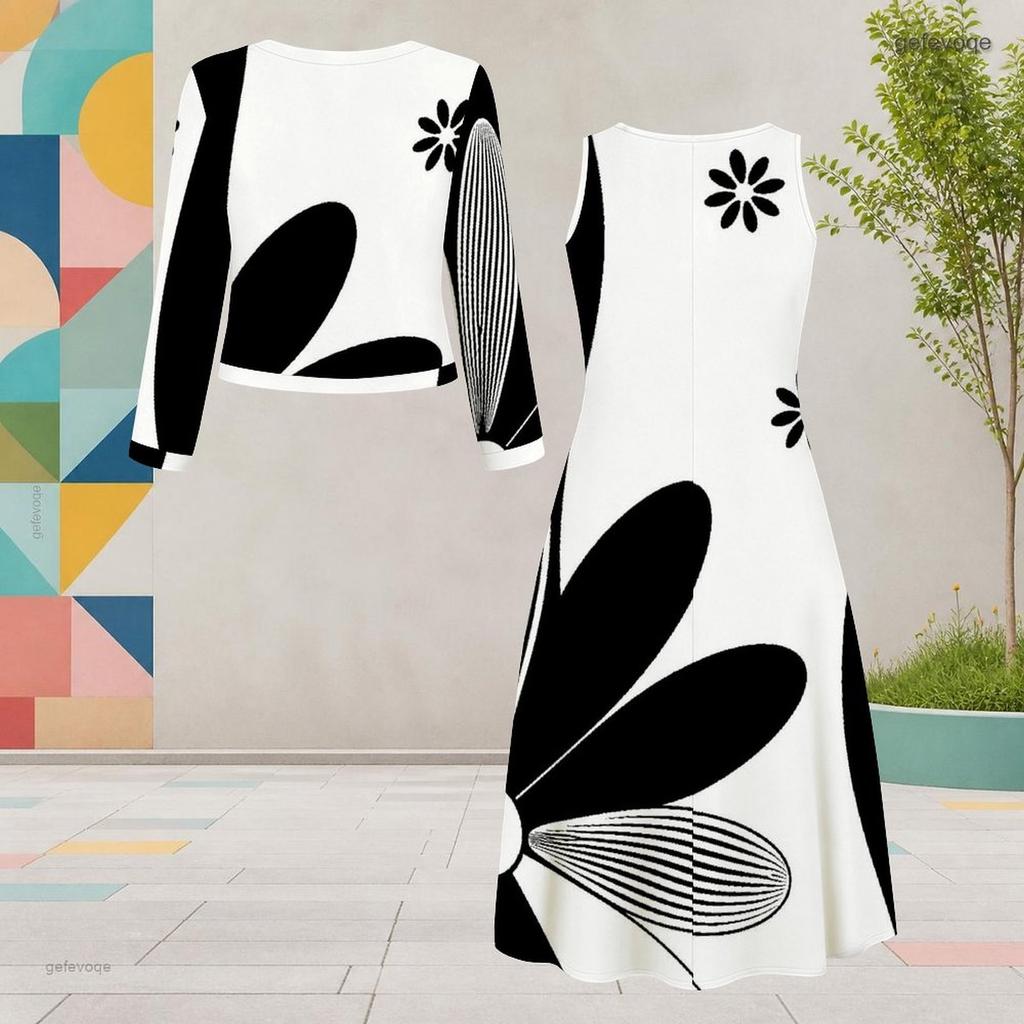 Women Plus Size Two Piece Dress Set Round Neck Long Sleeve Cardigan Sleeveless Dress Black White Floral Printed
