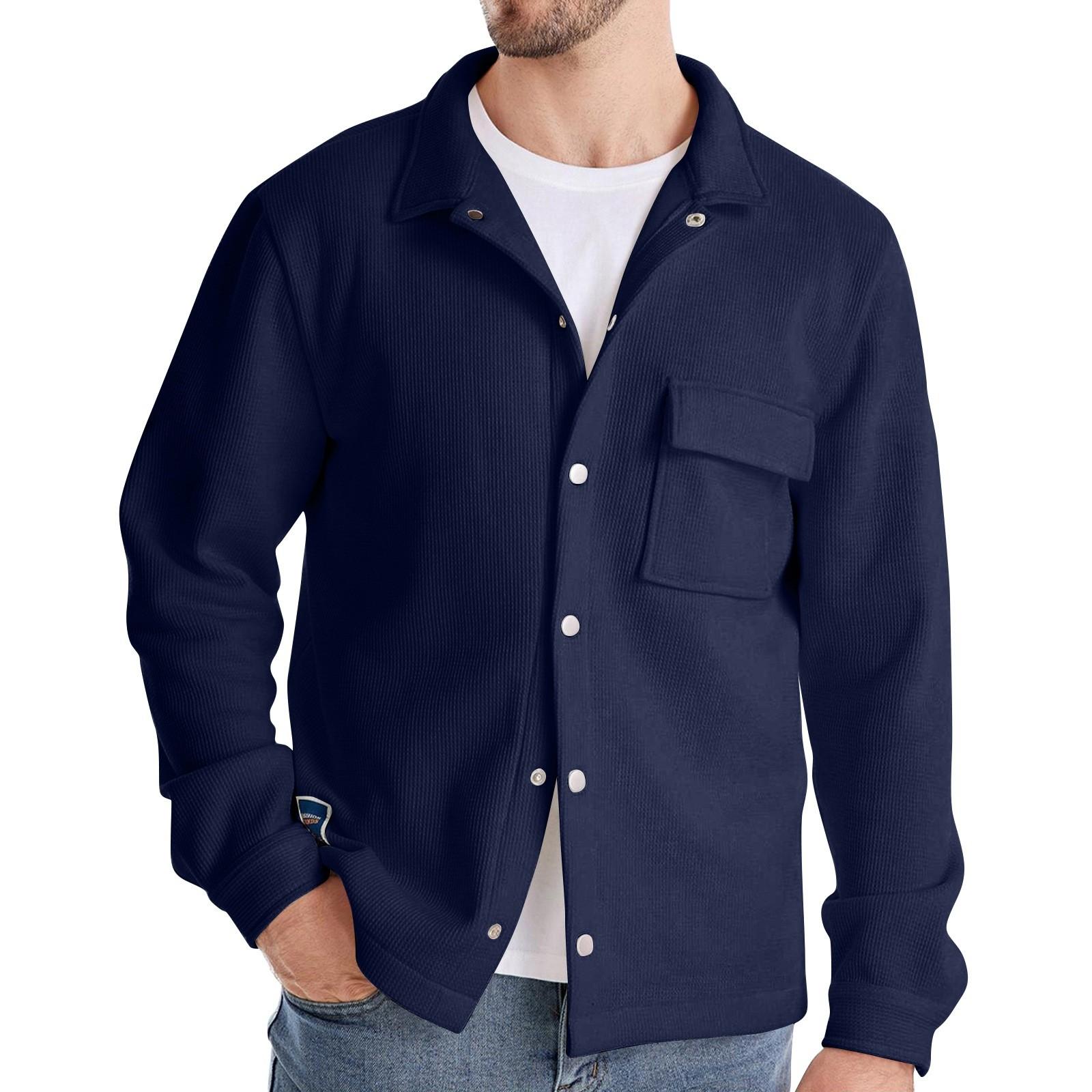 

Мужская куртка-кардиган с длинным рукавом и лацканами, мужская однотонная верхняя одежда с карманами M тёмно-синий