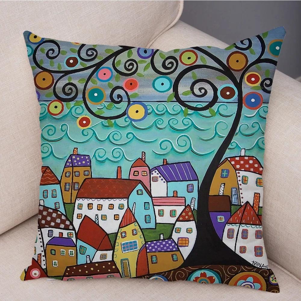 Colorful Cartoon Retro Rural Color Printed Pattern Home Cushion Cover Living Room Sofa Bedroom Decoration Pillowcase