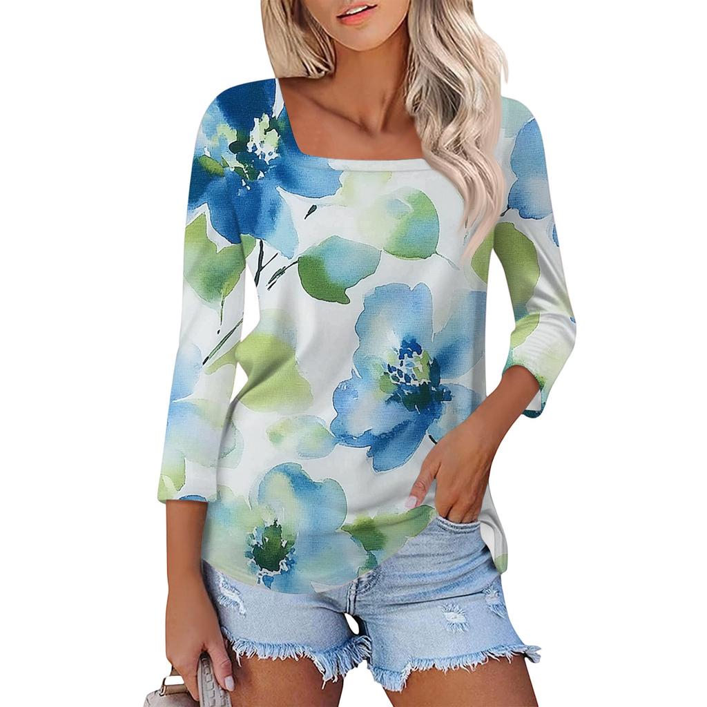 Dámské tričko s potiskem a 3/4 rukávy pro každodenní nošení i na víkend, módní základní top se čtvercovým výstřihem, běžný střih