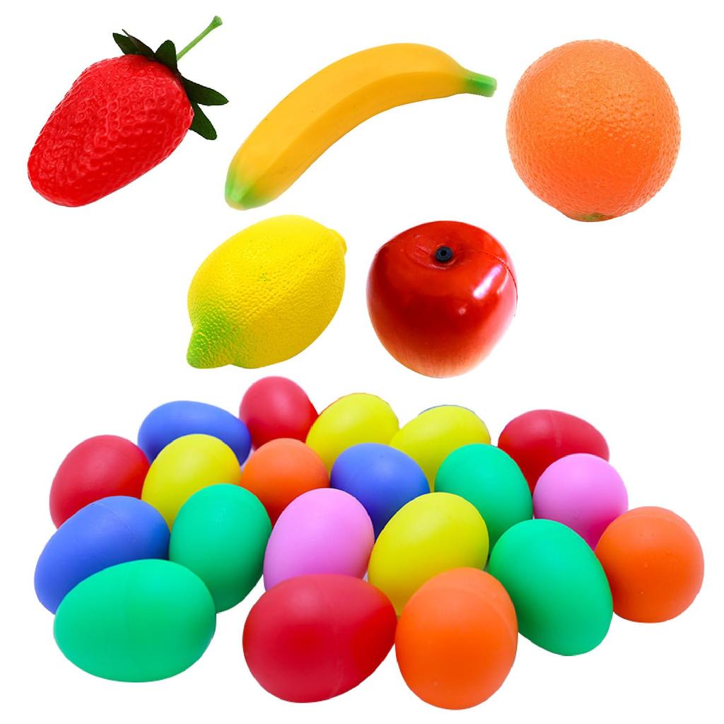 Famimueno Fruit Egg Maracas for Party, Eurhythmics, and Shakers (20 Multicolored Eggs + 5 Fruit Maracas)