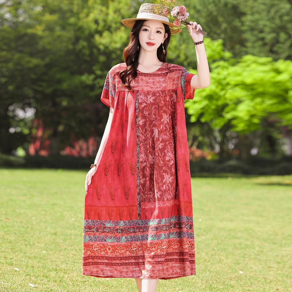 Women's Round Neck Short Sleeve Maxi Dress Loose Relaxed Waist Elegant Floral Print Plus Size Casual Summer Dress