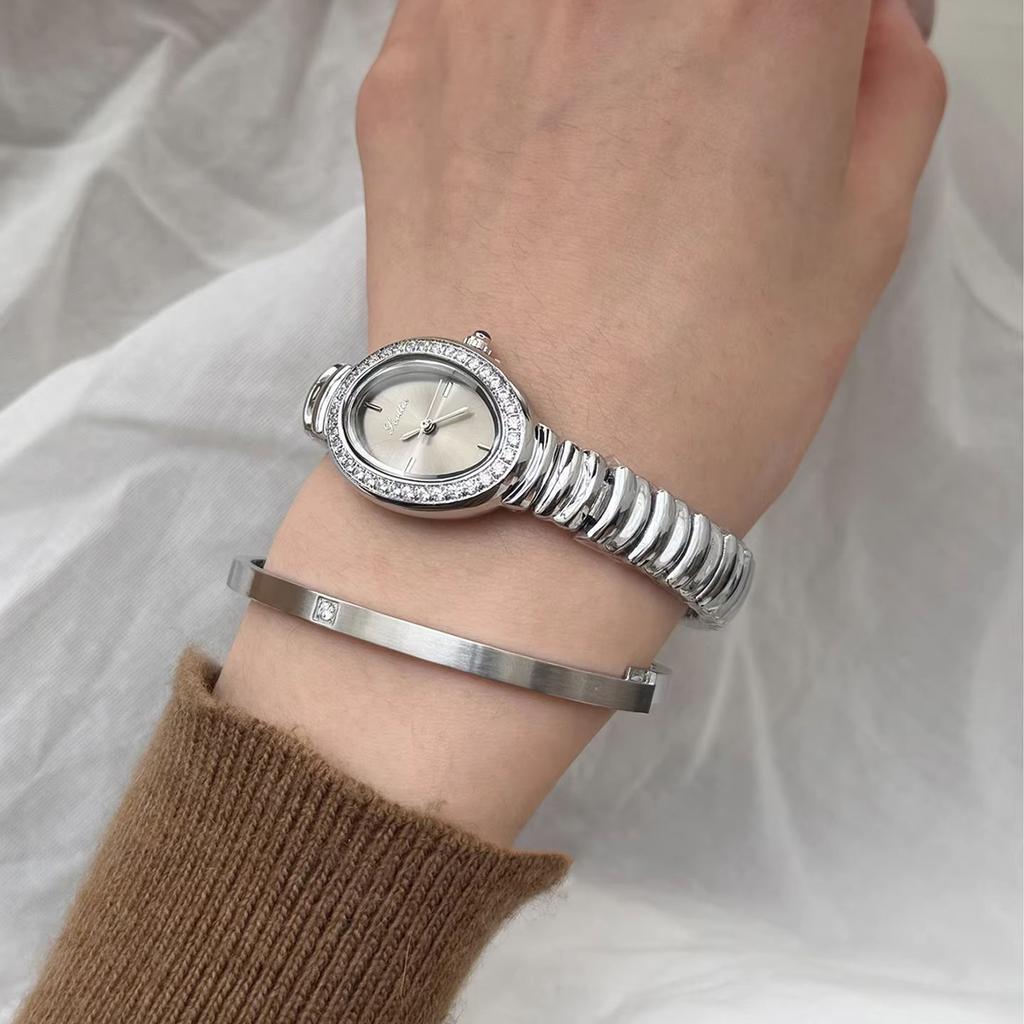 Women's Watch Original Luxury Brands Premium Silver Grey Diamond Set Elliptical Snake Bone Strap Ladies Watch Gift