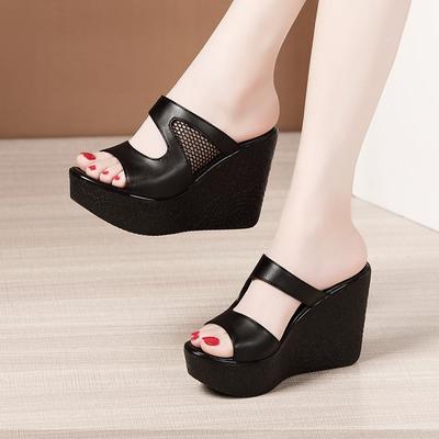 Fashion 2024 Soft Leather Slides Platform Shoes for Office Model 11cm Extreme High Heels Shoes Women's Summer Wedges Slippers