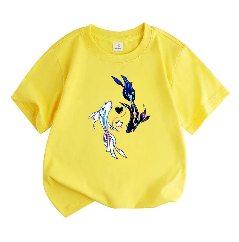 Kids Boys Girls 100% Cotton Crew Neck Short Sleeve T-Shirt, Aesthetic Cosmic Koi Fish Pisces Print Casual Soft Summer Tee for Children