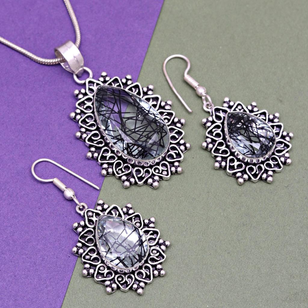 Black Rutile Set  Pendant  Jewelry Earring 18-20'' Gemstone Handmade