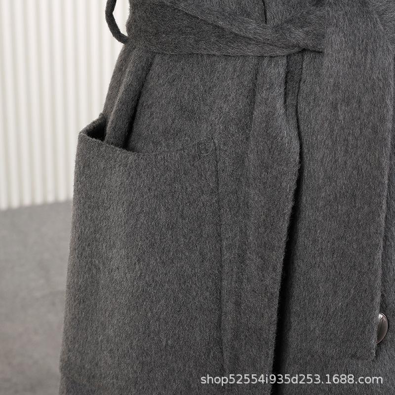 Stand-up collar metal buckle long wool double-sided coat coat thin women's wool coat commuter coat wool