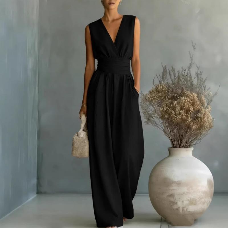 Tuta da donna azzurro chiaro senza maniche con scollo a V, vita alta, gamba larga, con tasche