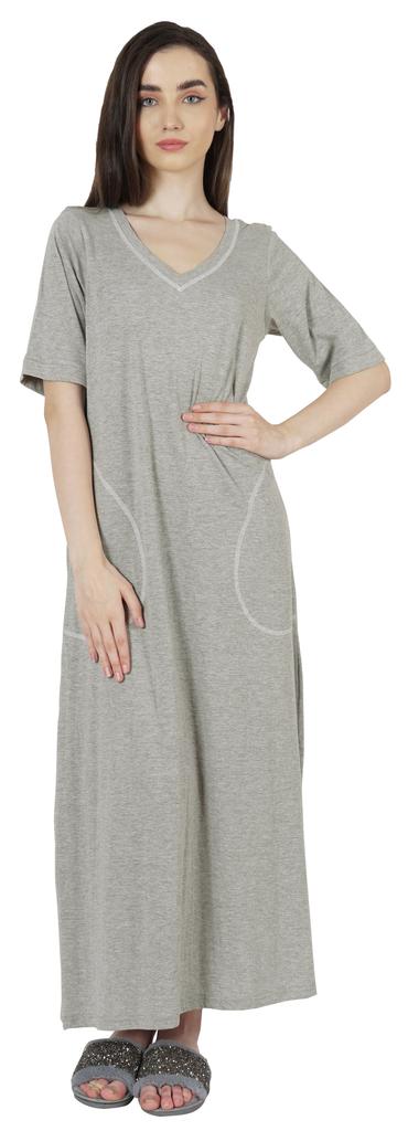Inkmeso Solid Long Nightgown For Womens V-Neck Loungewear Casual Sleep Dress With