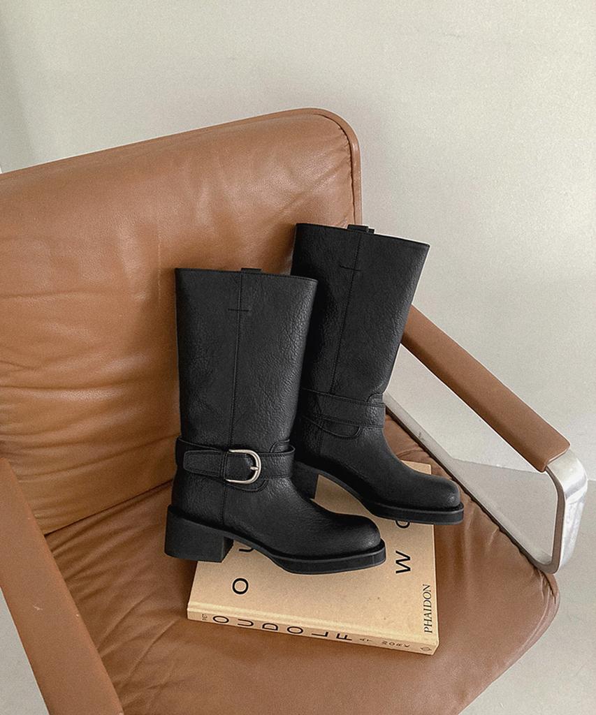 Moodnple Dalia Buckle Strap Point Crack Pattern Black Mid-Calf Boots 5Cm