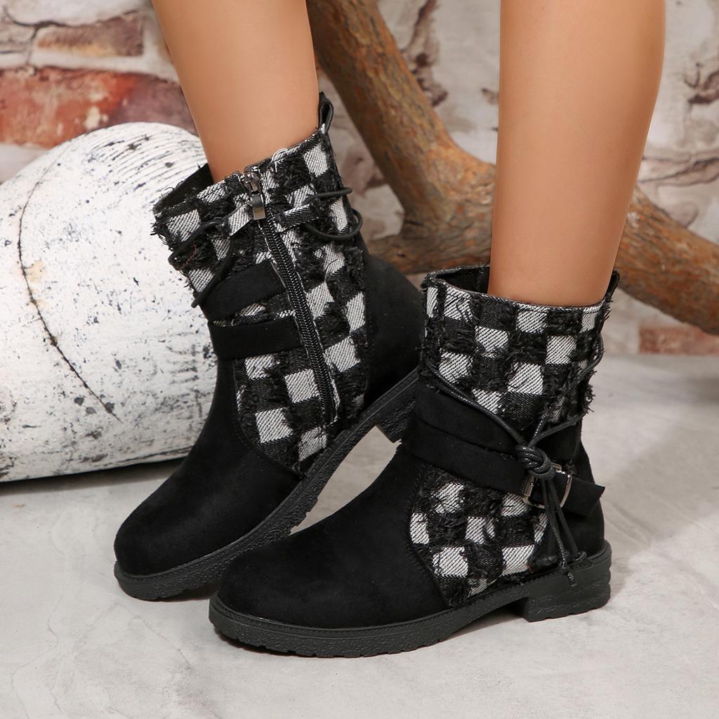 2025 New Leopard Print Boots Women's Winter Plus Size Belt Buckle British Style Round Toe Suede Stitched Martin Boots