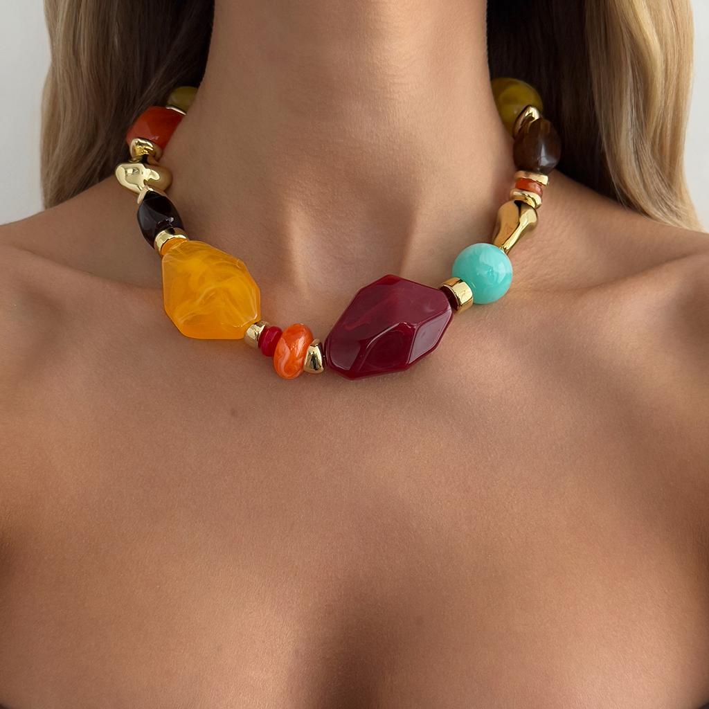 Colorful Beaded Necklace for Women, Multi-Color Irregular Resin Beads Choker, Bohemian Statement Jewelry
