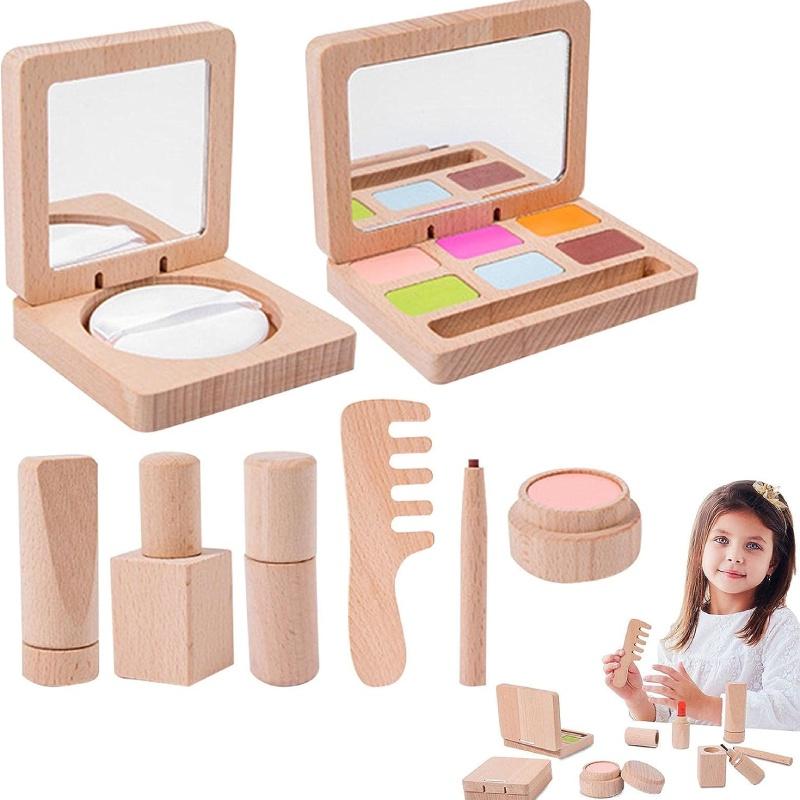 Wooden Makeup Toy Set For Kids Lipstick Eyeshadow Blush Pretend Play Cosmetics Kit
