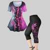 2 st/set kvinnor o-ringad kortärmad lös fåll Toppar hög midja Leggings Yogabyxor Tryck Sportoutfit Streetwear
