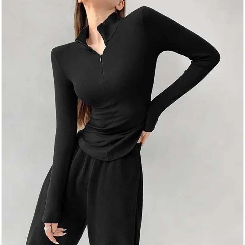 Elastic Tight Sexy Lapel Long Sleeve T-shirt Women Hottie Turndown Collar Slim Undershirt Inside Velveteen Sports Shirt Casual