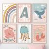 Colorful Mermaid Girl Rainbow Whale Scallop Marine Nursery Wall Art Canvas Painting Posters And Prints Pictures Kids Room Decor