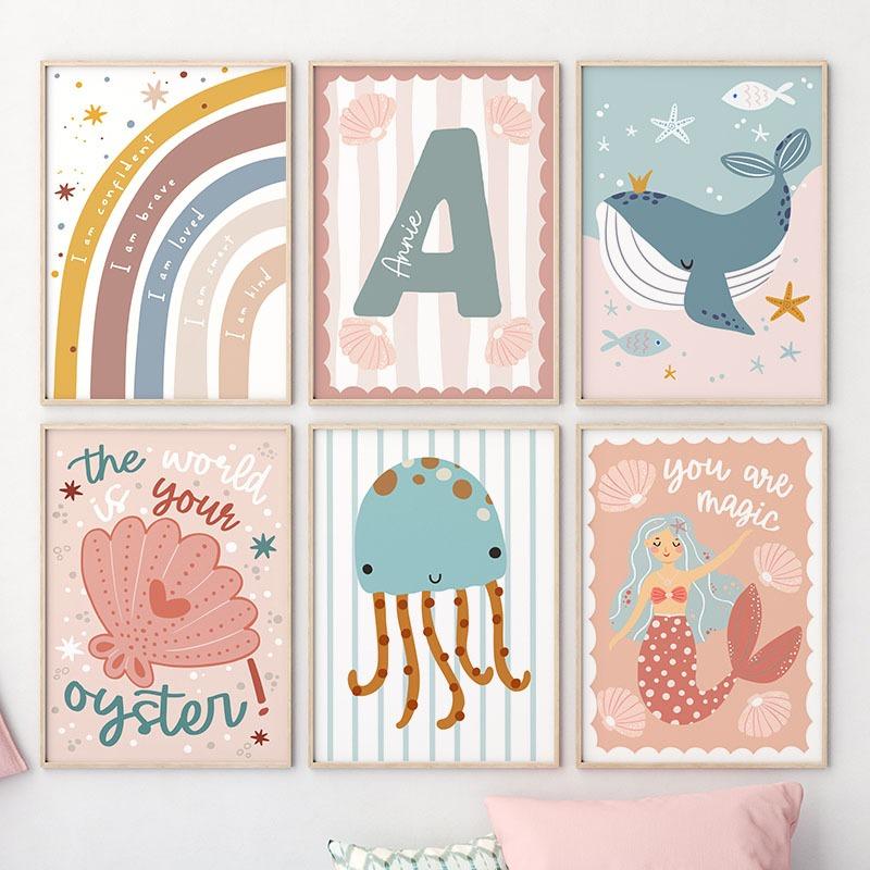 Colorful Mermaid Girl Rainbow Whale Scallop Marine Nursery Wall Art Canvas Painting Posters And Prints Pictures Kids Room Decor