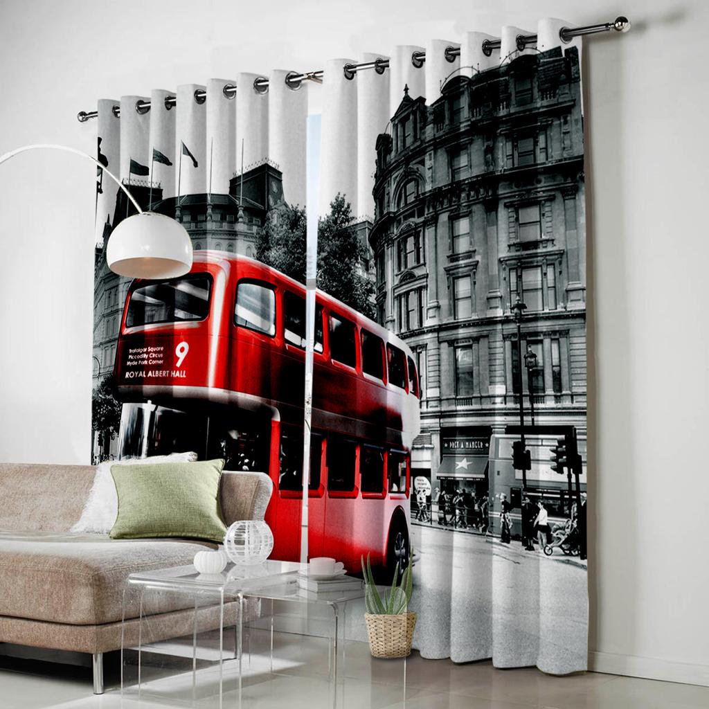 Red Bus London Street Scenery Local Color Window Curtains Scenic Curtains for Living Room Decorative Items Living Room