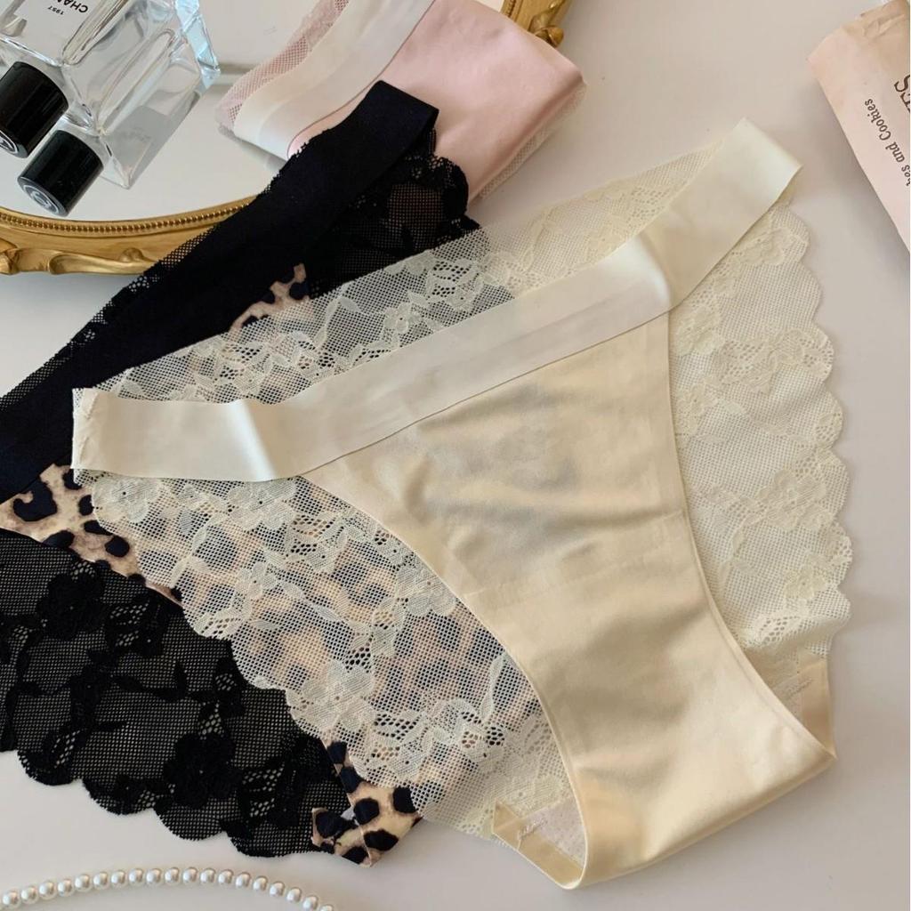 Leopard Print Lace Low-Rise Seamless Thong - Sexy Ice Silk Panties for Women
