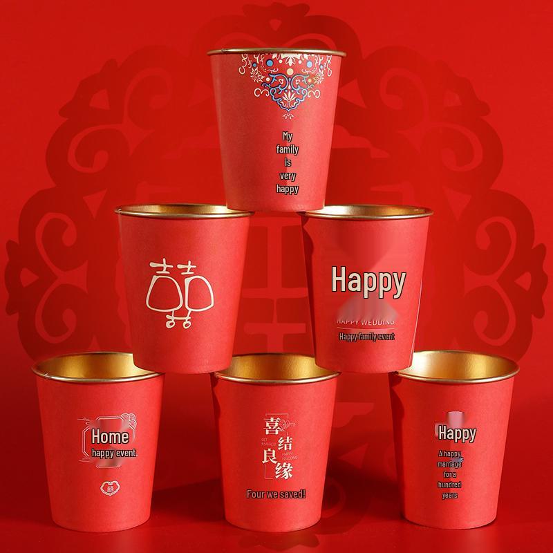 Disposable Gold Foil Wedding Tea Cups: Thickened Red Festive Collection