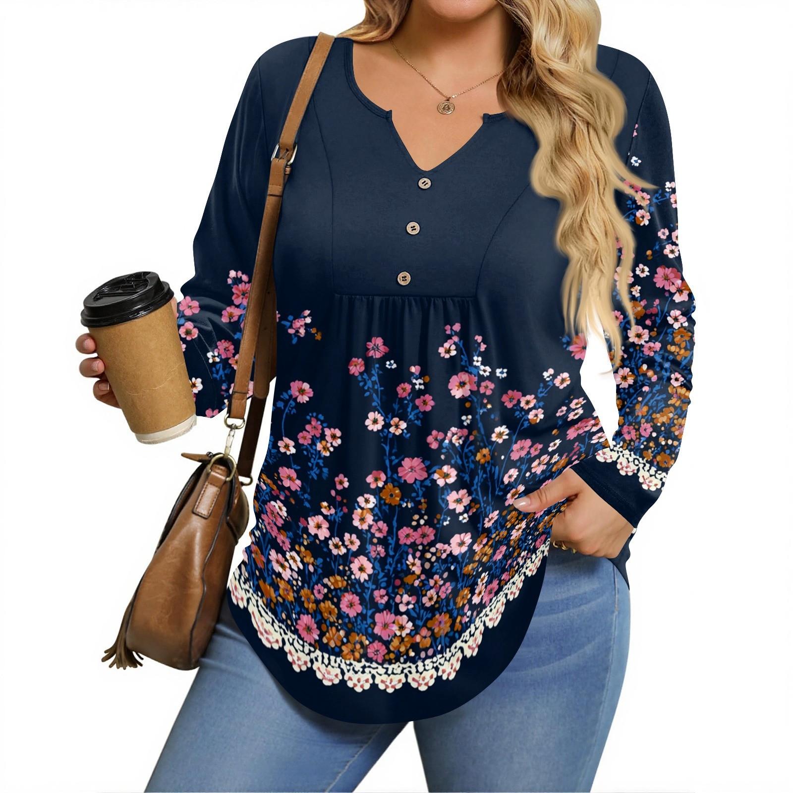 

Женские рубашки больших размеров с длинным рукавом, туники с V-образным вырезом, базовые футболки свободного кроя XXXXL тёмно-синий