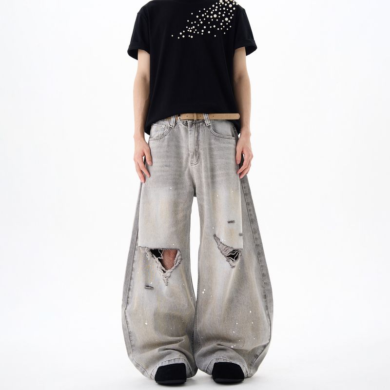 Kisko New High Street Splatter-Dyed Ripped Washed Curved Knife-Cut Jeans Unisex Design Wide-Leg Pants Trendy