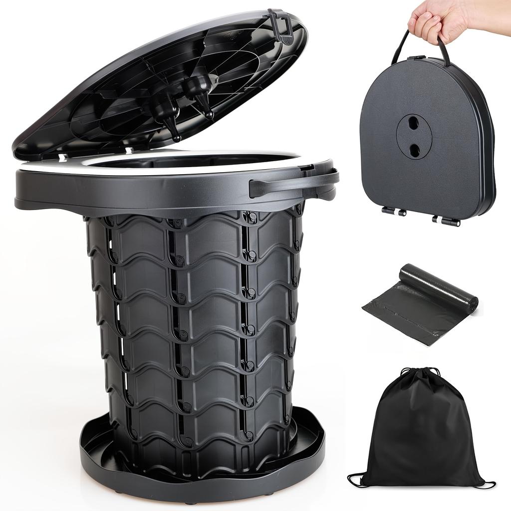 Adjustable Height Folding Toilet with Trash Bags And Storage Pouch Portable Car RV Toilet Camping Toilet Made of PP Material Retractable And Foldable
