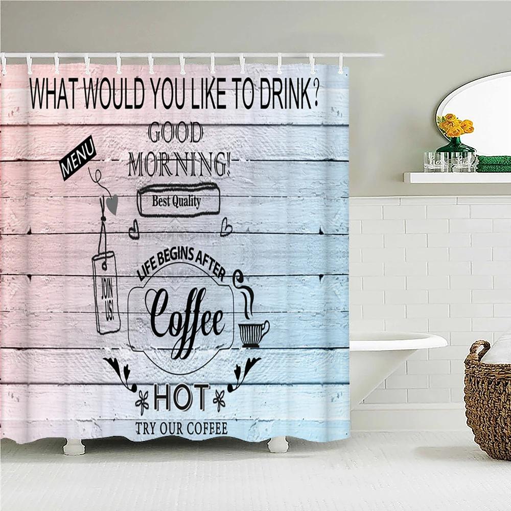 Vintage Style Retro Wood Word Bath Curtain Waterproof Fabric Shower Curtains Personality Bathtub Screen for Bathroom Home Decor