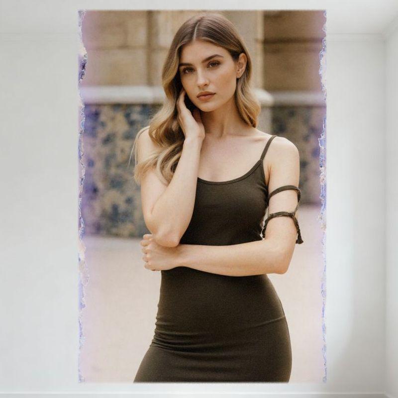 

Sexy Woman Outdoor Pose Olive Green Sleeveless Dress Blonde Highlights Tin Sign Vintage Metal Poster for Bar Pub Home Wall Decor 20x30cm（7.8x11.8inch）