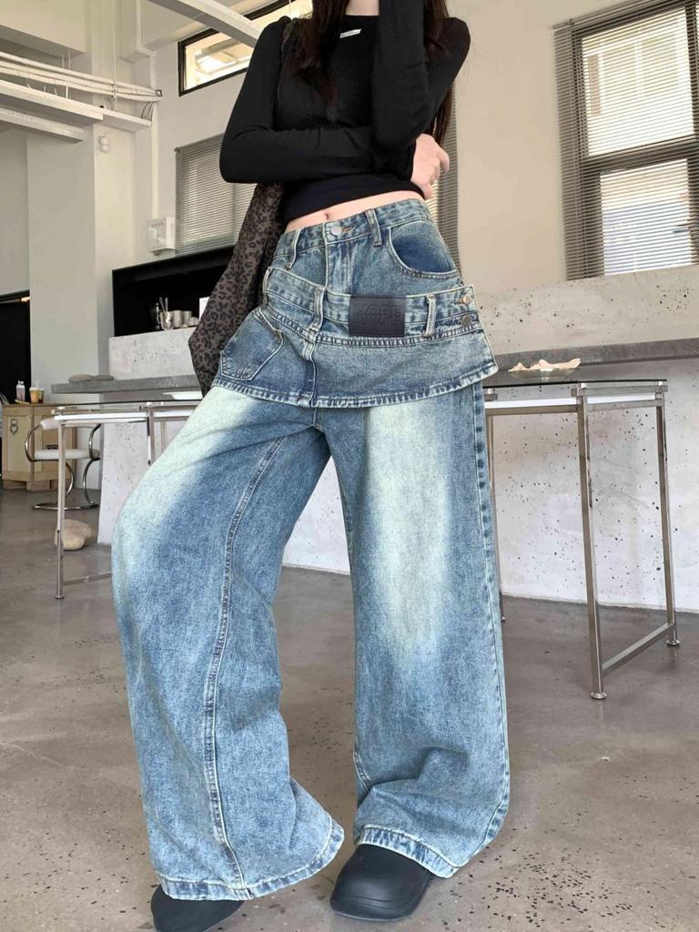 Women's Retro Two-Piece Look Hem Jeans: Loose, Straight-Leg Wide Pants