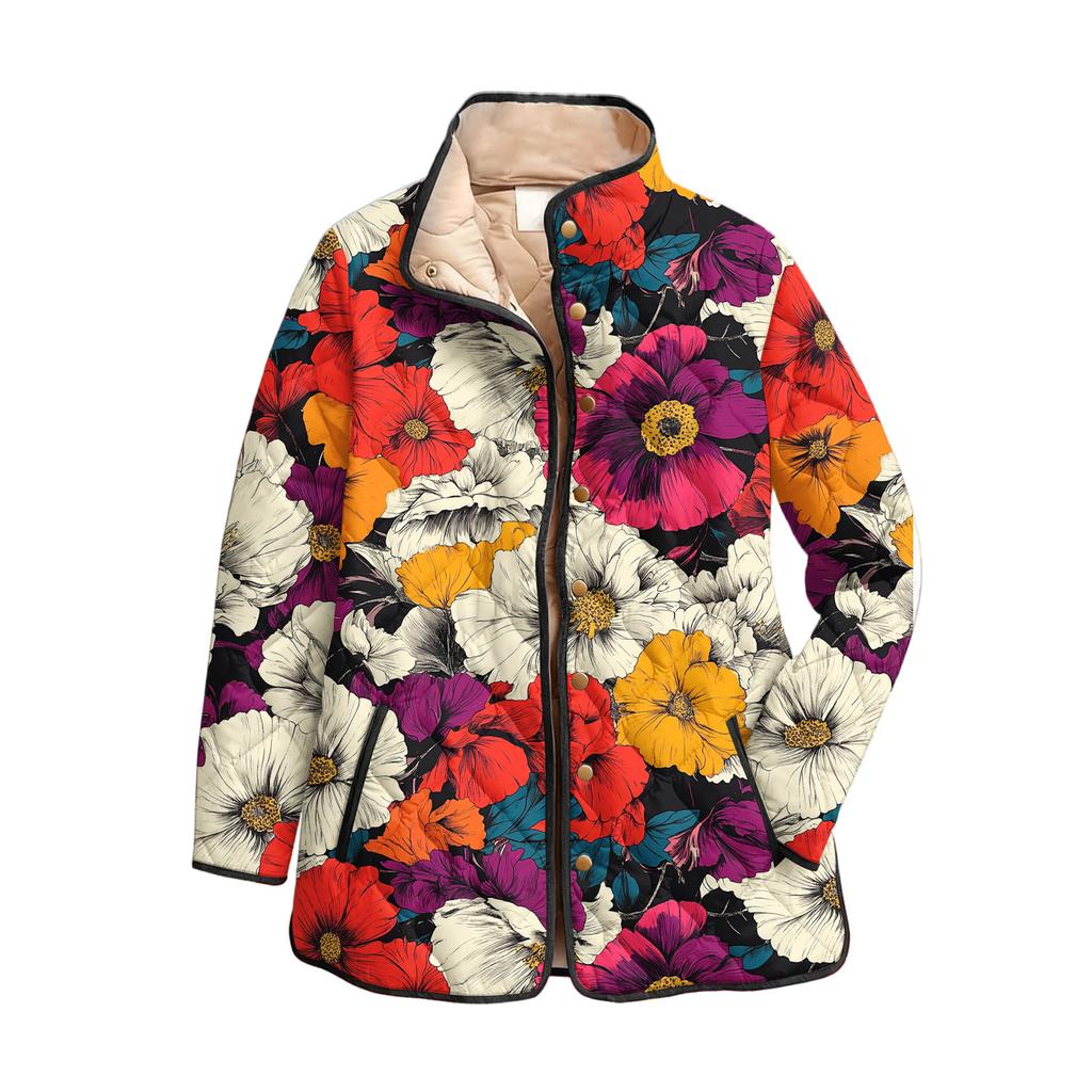 Women's Floral Print Stand Up Collar Pleated Cotton Long Sleeved Button Cotton Jacket