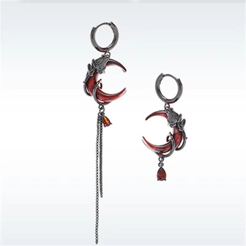 Red Moon Gem Asymmetric Earrings Personality Hip-Pop Gothic Dark Ear Pendants Tassel Chain Eardrop Far Buckle Jewelry Accessory