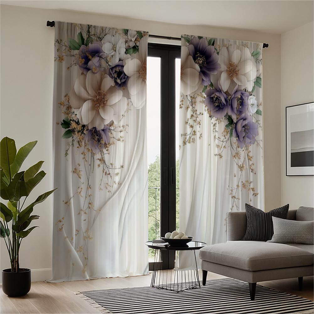 2-piece set of high-definition digital printed curtainwhite floral embroidered sheer curtain for rod pocketHome decoration style