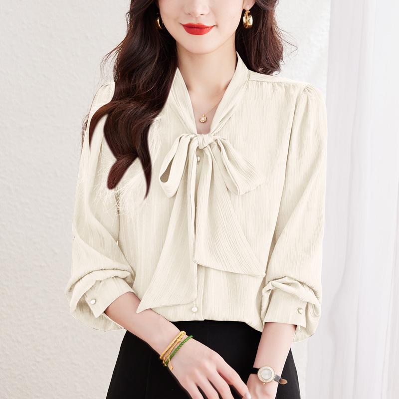 French Design Sense Streamer Shirt Commuting Versatile Temperament Satin Solid Color Shirt Women's Spring Top