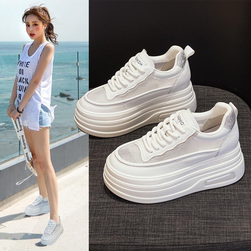 8 inner height increase white shoes women's summer new small thick-soled casual leather mesh breathable board shoes