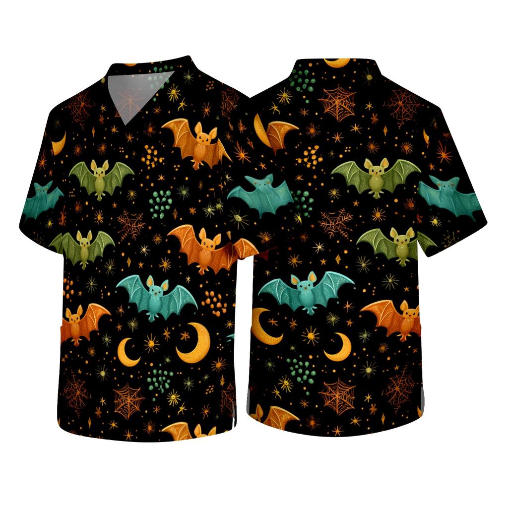 Men V Neck Short Sleeve Halloween Print Top with Chest Pocket for Healthcare Workers Comfortable Fit Scrub Shirt