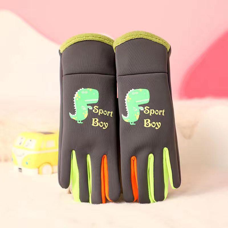 Kids Warm Gloves Autumn Winter Cartoon Dinosaur Boys Girls Outdoor Cycling Windproof Water-Repellent Gloves