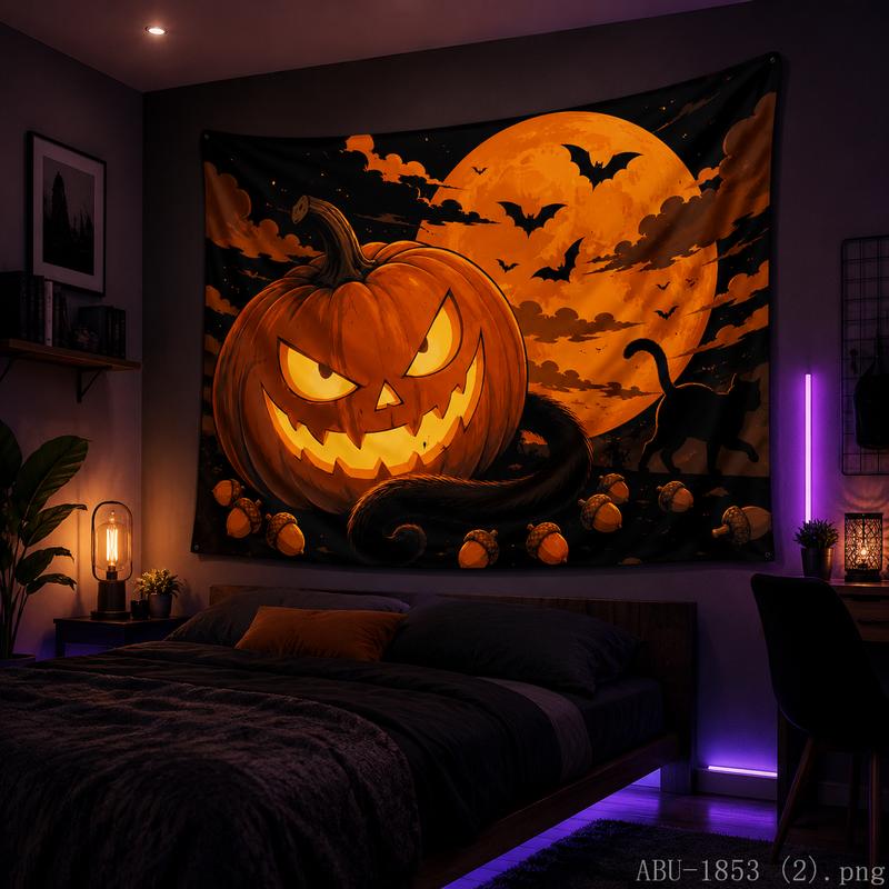 Evil Jack-o-lantern Tapestry Halloween Lightning Storm Wall Hanging for Bedroom Festival Gift Decor