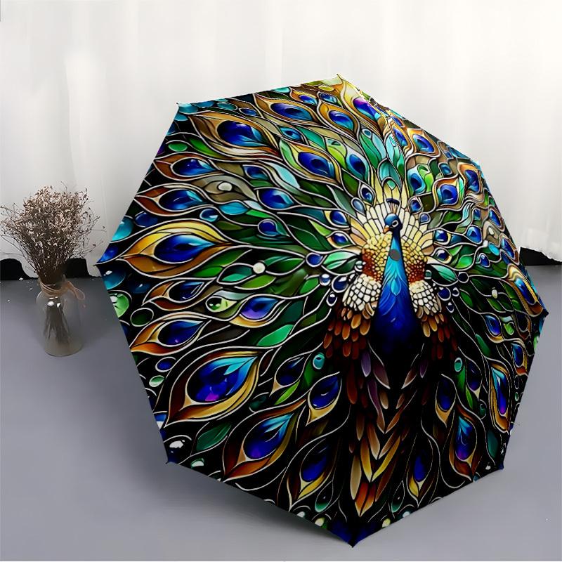 1 Stück Pfauenfeder Mandala Automatisches Öffnen, Stabiler Eisenrahmen, Kompaktes FaltDesign, Ganzjahres-Tragbarer Regenschirm für Damen & Herren, Outdoor