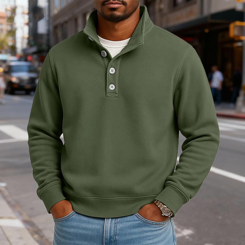 Men's Casual Stand-Up Collar Long-Sleeve Top Solid Color Button-Down Sweatshirt