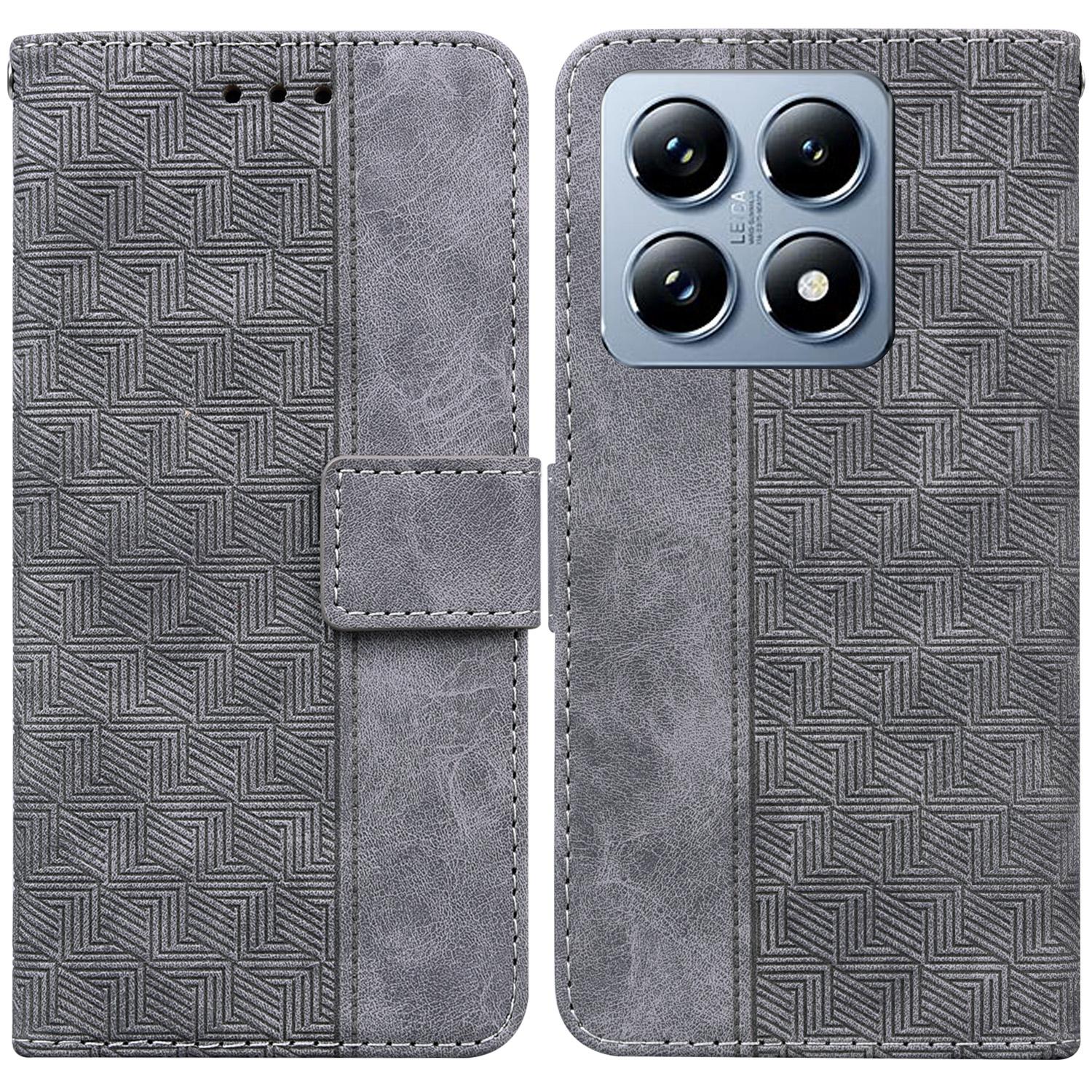 

For Xiaomi 14T Case Geometry Pattern Leather Wallet Phone Cover with Wrist Strap Grey