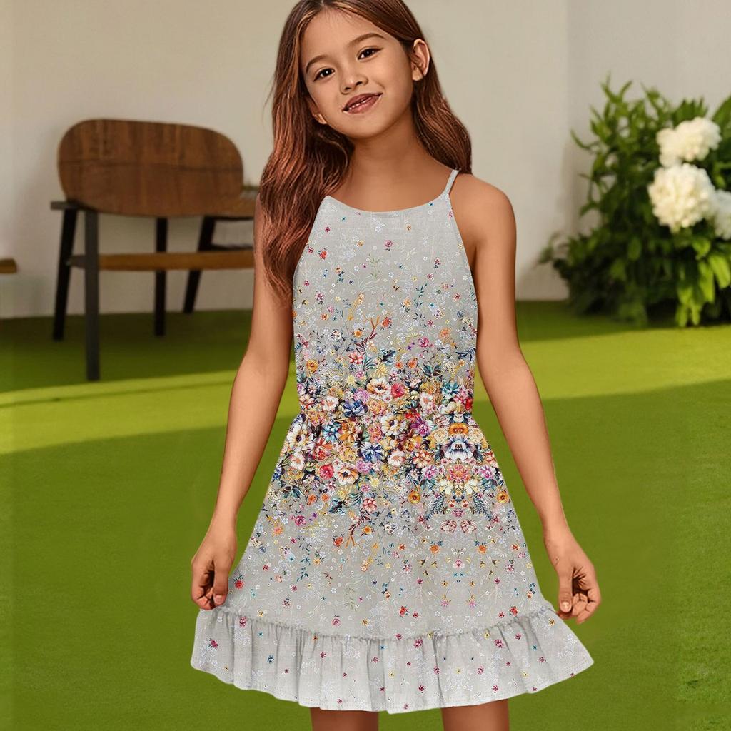 Rochie de vară casual pentru copii, cu gât rotund, culoare uni, fără mâneci