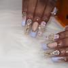 24Pcs Green French Fake Nails With Diamond Gold Butterfly Elegant Long Square Acrylic Artificial Press On Nails
