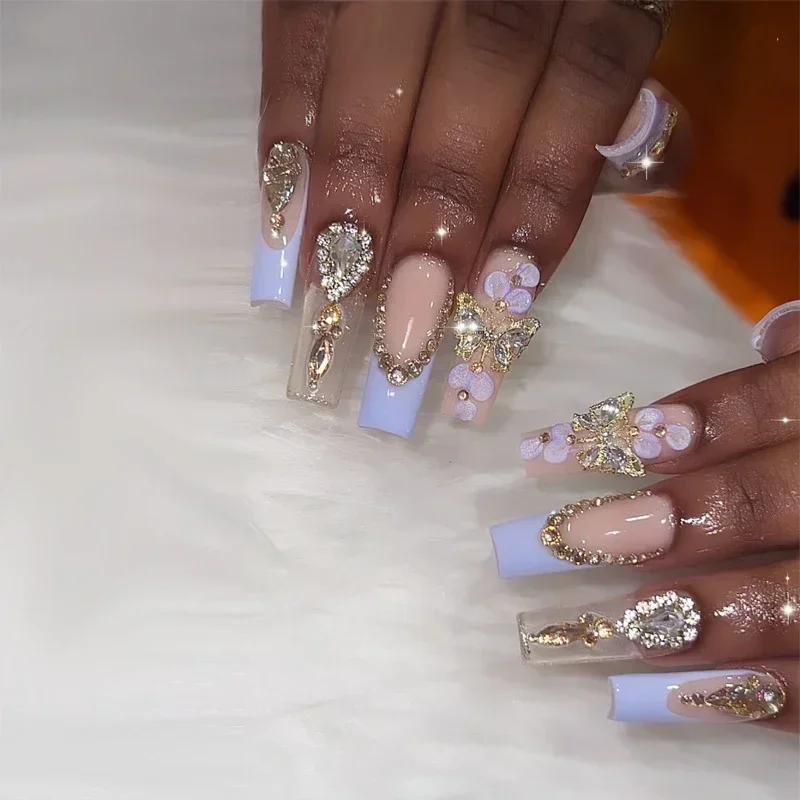 24Pcs Green French Fake Nails With Diamond Gold Butterfly Elegant Long Square Acrylic Artificial Press On Nails