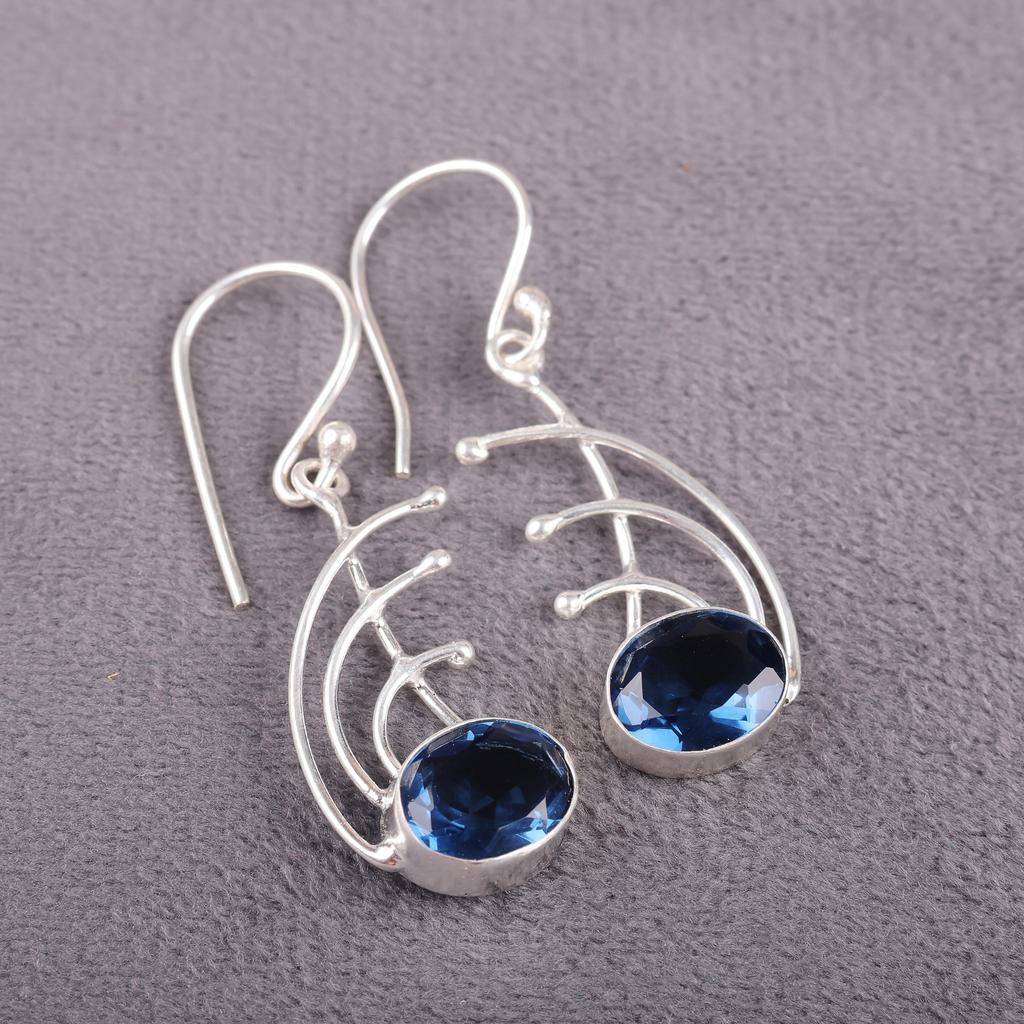 London Blue Topaz Gemstone Silver Earrings, 925 Solid Sterling Silver Earrings, Handmade Charming Silver Jewelry, For Anniversary Gift
